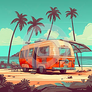 An orange and white camper van parked on a beach. Generative AI image.