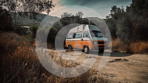 Orange and white camper van is parked on a dirt road in the middle of a wooded area