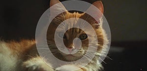 An orange and white cat laying down on a table