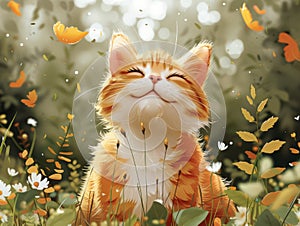 An orange and white cat sitting in a field of flowers