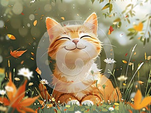 An orange and white cat sitting in a field of flowers