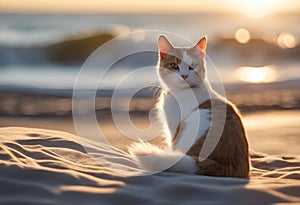 an orange and white cat sitting on a sandy beach near water