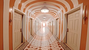 Orange And White Corridor With Wes Anderson Style And Hypnotic Symmetry