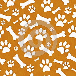 Orange and White Dog Paw Prints and Bones Tile Pattern Repeat Ba