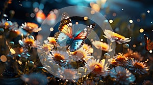 Orange and white flowers and flying butterfly blurred background bokeh effect, sunshine. Flowering flowers, a symbol of spring,