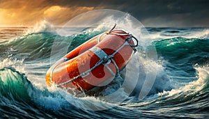 Orange and White Lifebuoy on the Stormy Sea - Generative Ai