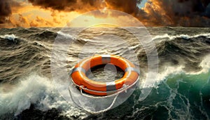 Orange and White Lifebuoy on the Stormy Sea - Generative Ai