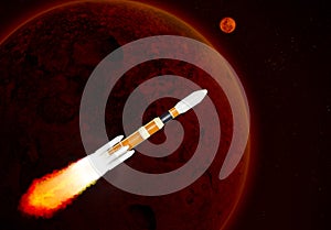 Orange and white multistage space rocket model flies to exploration over the red planet at high speed in the galaxy