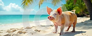 Orange and white pig on sandy beach, palm tree backdrop, agriculture, cute, idyllic