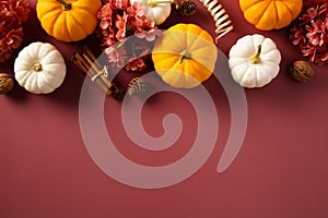 Orange and white pumpkins with autumn decor on dark red background. Happy Thanksgiving day banner template. Flat lay, top view