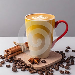 A orange, white and red coffee mug full of coffee with coffee beans & Cinnamon