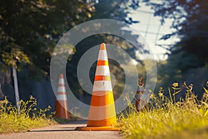 Orange and white street cone stands in forest background, cautionary