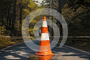 Orange and white street cone stands in forest background, cautionary photo
