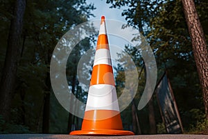 Orange and white street cone stands in forest background, cautionary photo