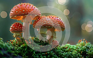 Orange And White Toadstools Growing In A Forest During The Day