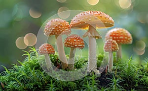 Orange And White Toadstools Growing In A Forest During The Day