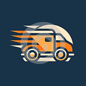 An orange and white truck adorned with fiery flames on its exterior, Using negative space to create a minimalist logo for a