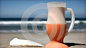 an orange and white vase sitting on top of a sandy beach next to a white sea shell on the sand near the ocean and a blue sky