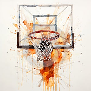 Orange And White Watercolor Painting Of Basketball Net With Splatters