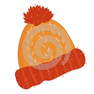 Orange winter knitted hat with pompom, vector illustration in sketch style isolated on white background. Hand-drawn wool