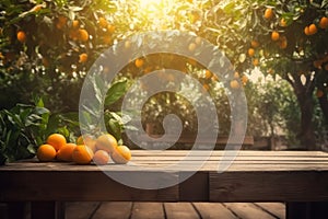 Orange on wood table. Generate Ai