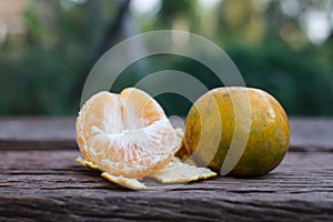 The orange on wooden background