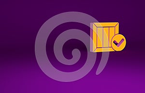 Orange Wooden box with check mark icon isolated on purple background. Parcel box. Approved delivery or successful