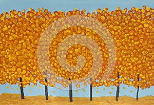 Orange-yellow autumn trees acrylic painting