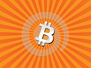 Orange and yellow beams background with white Bitcoin symbol in the center of spotlight of the wallpaper. BTC is considered a