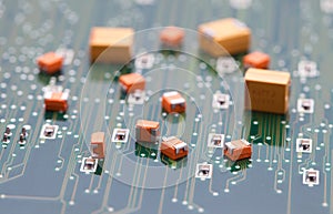 Orange and Yellow capacitor on green pcb