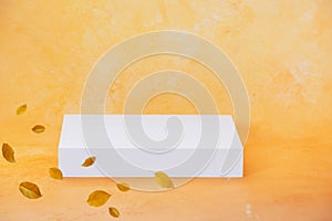 Orange yellow color abstract background, white geometric podium and autumn leaves