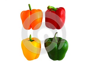 Orange  yellow  green  red bell peppers or capsicum isolated on white background