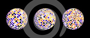 Orange, yellow, purple disco ball set. Collection of wireframe spheres in different angles. Grid globe or checkered ball