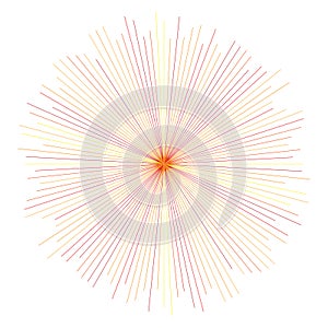 Orange, yellow radial, radiating lines. Rays, beams. Starburst, sunburst element. Sparkle, gleam, twinkle effect. Circular,