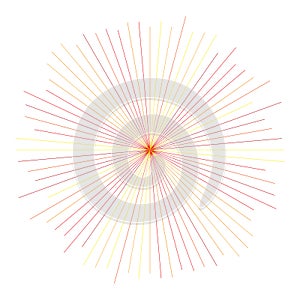 Orange, yellow radial, radiating lines. Rays, beams. Starburst, sunburst element. Sparkle, gleam, twinkle effect. Circular,