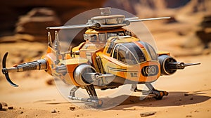 Orange And Yellow Scale Model Helicopter: Detailed Science Fiction Illustration