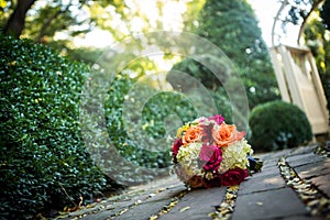 Orange, yellow, white wedding bouquet