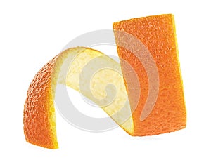 Orange zest spiral. Aromatic orange peel isolated on white background. Ingredient for infusions and liqueurs