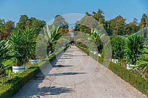 Orangerie and surrounding garden at Schwetzingen palace in Germany during sunny summer day