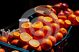 Oranges in the box. Juicy oranges ready for being juice. Healthy drinks.