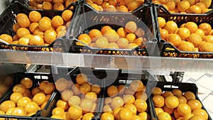 Oranges in boxes on supermarket shelves. Food products. Retail industry. Grocery shopping. Greengrocers. Mart. Inflation concept.