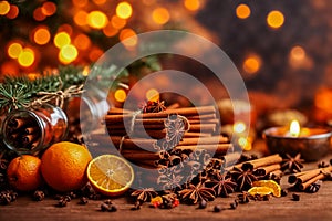 Oranges, cinnamon and spices on the table near the Christmas tree on a bright background