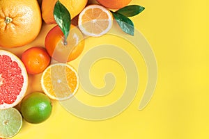 Oranges and citruses isolated on yellow background