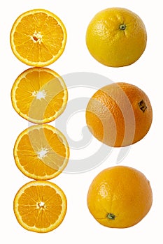 Oranges cut into round slices and whole fruits isolated on white background. Tropical fruit