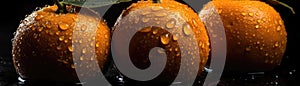 Oranges With Droplets On A Black Background. Generative AI