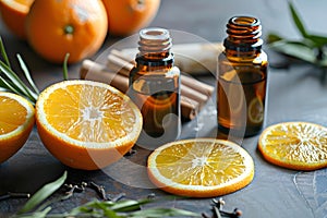 Oranges and essential oils promote natural remedies and healthy living. Concept Orange Essential