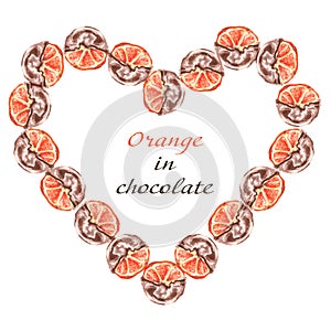 Oranges fruit in chocolate. Frame on a white background.