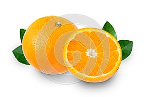 Oranges fruit with half of orange and leaves isolated on white background