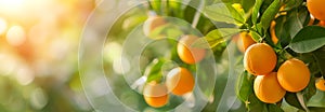 The oranges fruit on the tree branch. Close up. Copy space for text. Blurred background. Banner slider template.