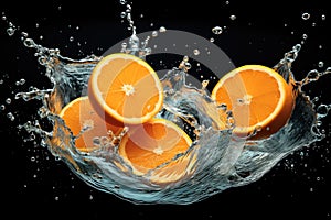 Oranges fruits dropped into water splash on black background